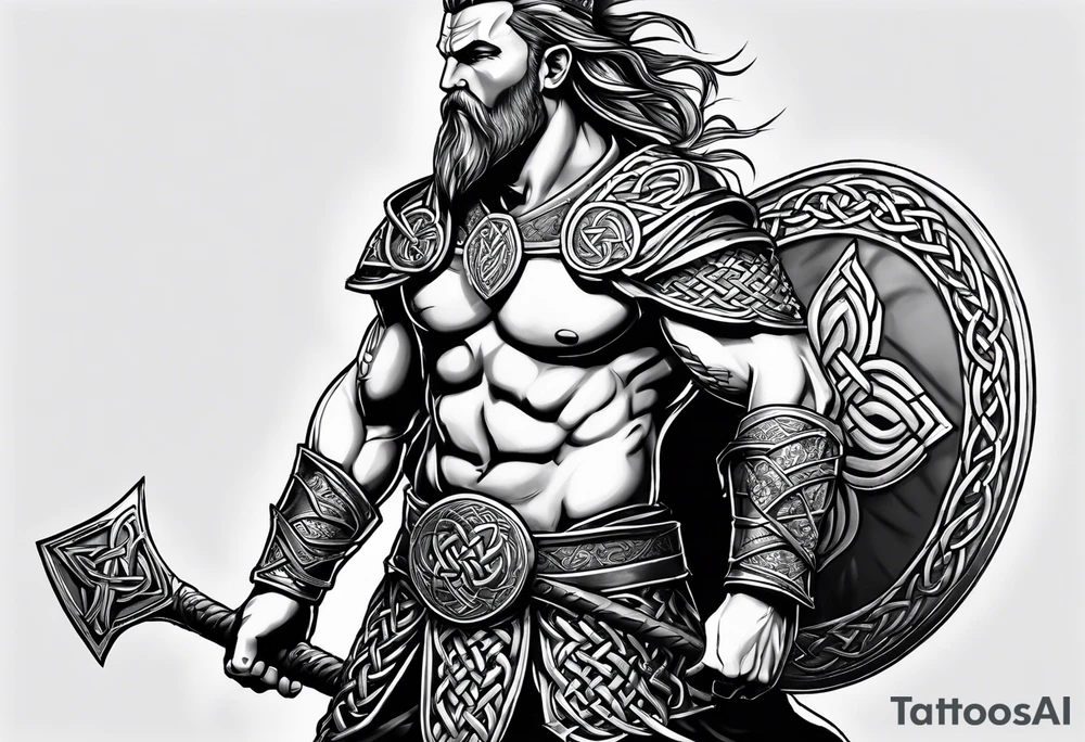 Full body side profile of Celtic warrior walking into battle tattoo idea