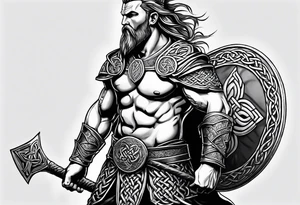 Full body side profile of Celtic warrior walking into battle tattoo idea
