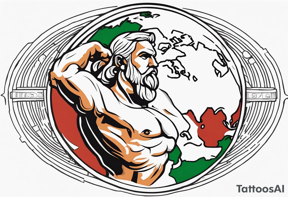 Traditional American tattoo of atlas carrying the world on his back, try to keep the colors to a minimum; red, green, brown, yellow tattoo idea