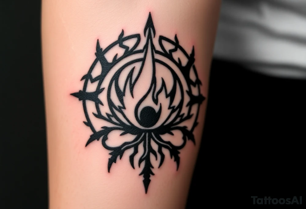 a round flame imprisoned in a roots circle tattoo idea