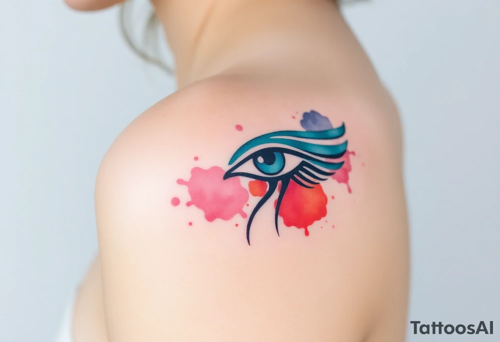 A watercolor-style Eye of Horus, with splashes of turquoise, purple, and red blending together for an artistic effect tattoo idea