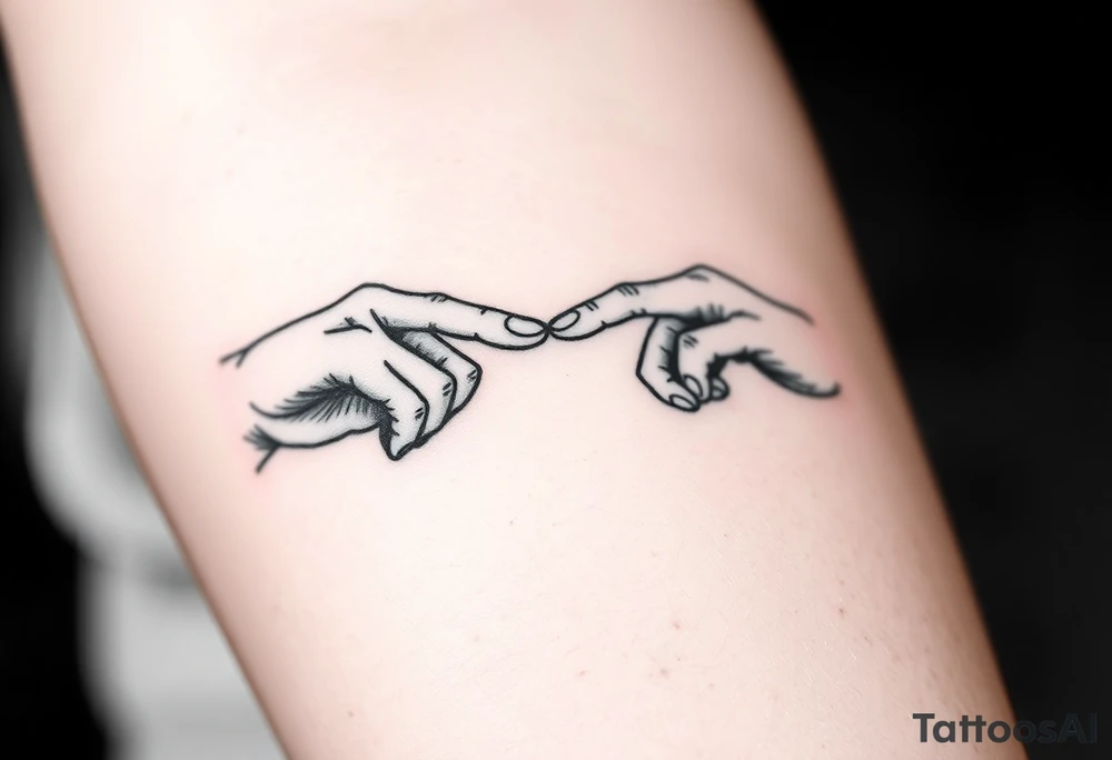 Two hands reaching for each out for other touching fingertips tattoo idea