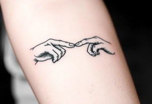 Two hands reaching for each out for other touching fingertips tattoo idea