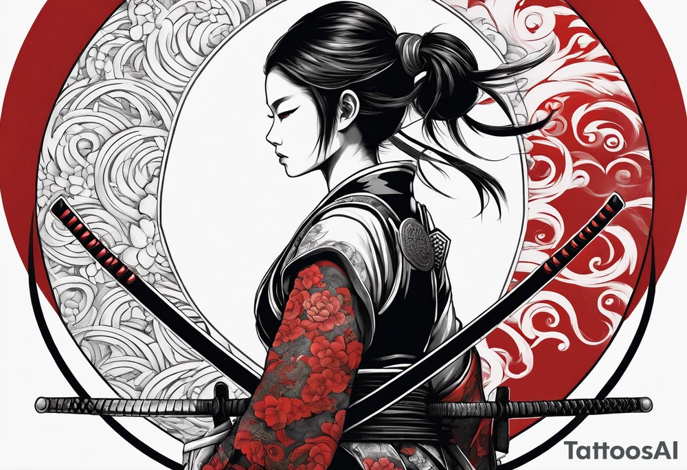 3 female samurais in body armor wielding dual swords, you can only see their backs, in front of a red incomplete enso circle tattoo idea