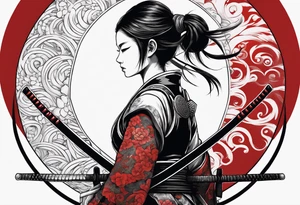 3 female samurais in body armor wielding dual swords, you can only see their backs, in front of a red incomplete enso circle tattoo idea