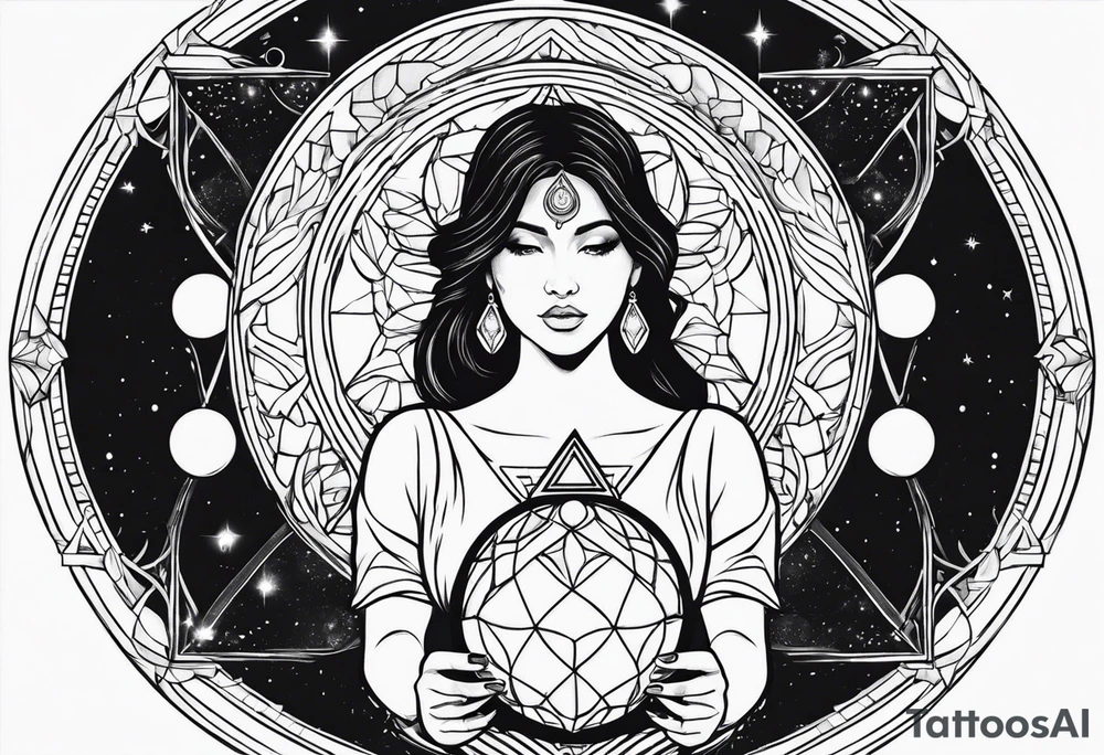 Woman holding orb of divinity overhead tattoo idea