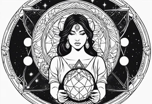 Woman holding orb of divinity overhead tattoo idea