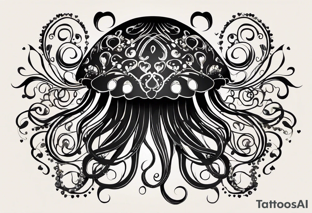 The tattoo features a stylized jellyfish with its bell-shaped body at the top. The body of the jellyfish is adorned with multiple black hearts scattered across its surface, giving it a whimsical, playful look. From the body, long flowing tentacles descend gracefully, creating a sense of movement. Some of the tentacles have small leaf-like patterns attached to them, adding an organic and delicate touch to the design. The overall tattoo is composed of fine lines and shading, primarily in black ink, giving it a minimalist yet detailed appearance. The design blends smooth flowing curves with a few sharper, more structured lines, creating a balance between elegance and modern tattoo style. tattoo idea