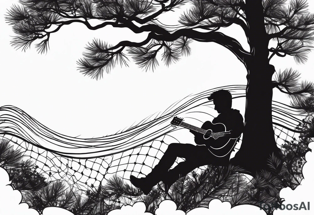 silhouette of a man playing electric guitar while sitting in a pine tree. super simple sketch tattoo idea