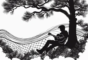silhouette of a man playing electric guitar while sitting in a pine tree. super simple sketch tattoo idea