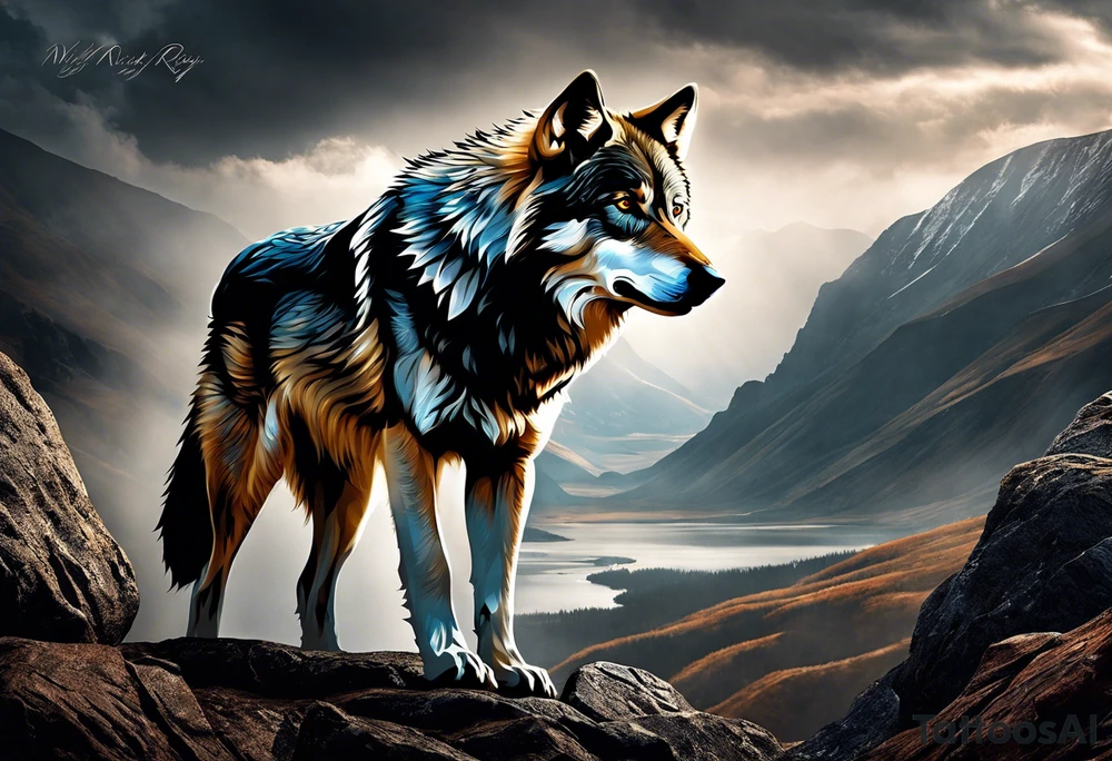 tattoo of a lone wolf navigating through a rugged landscape, with each obstacle representing a life battle – rocky terrain symbolizing challenges, storm clouds signifying hardships, and wild rivers representing struggles. The wolf is depicted with piercing eyes and a determined expression, embodying resilience and strength as it forges ahead. In the background, a subtle glow of sunlight breaks through the clouds, symbolizing hope and perseverance. Alongside the wolf, the phrase "Endure and Conquer" is inscribed in bold, minimalist lettering, encapsulating the theme of overcoming adversity with resilience and determination. tattoo idea