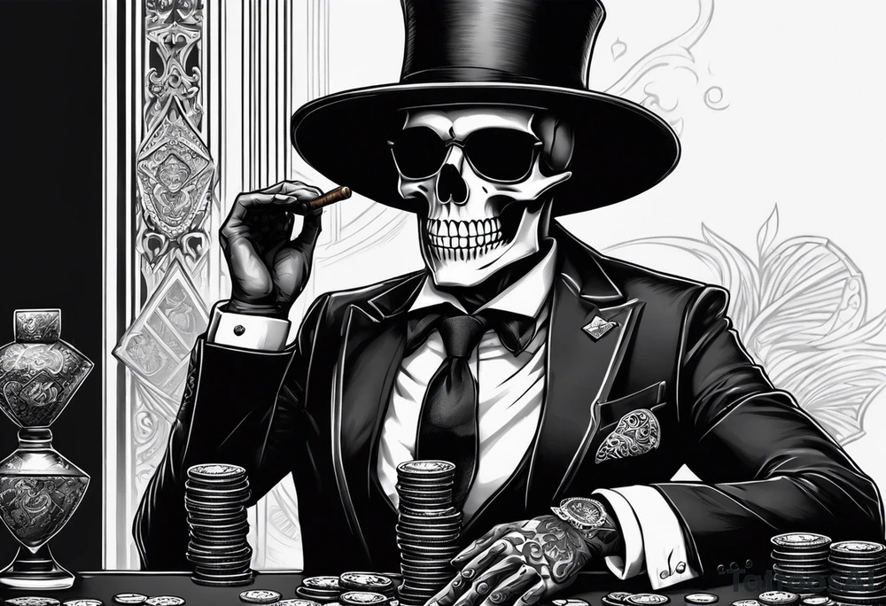 Skeleton in suit, with hat, with cigar, sitting at the table, holding poker tokens tattoo idea tattoo idea