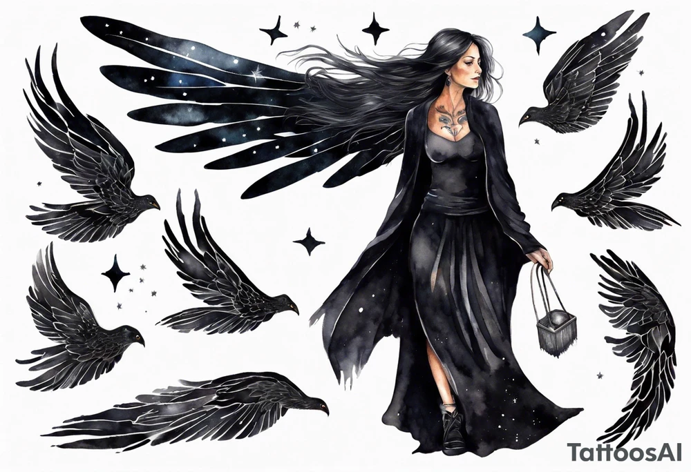 a beautiful 45 year old woman flying in the night sky with black wings, wearing a black cloak and black gloves, bare feet tattoo idea