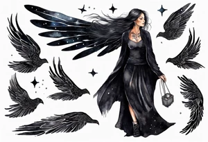 a beautiful 45 year old woman flying in the night sky with black wings, wearing a black cloak and black gloves, bare feet tattoo idea