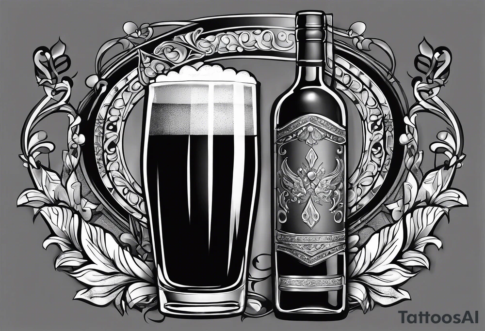 "Cheers Mate" black and grey ink armband, intricate, artistic +abstract +grey Cancer Ribbon +toasting bourbon glass tattoo idea