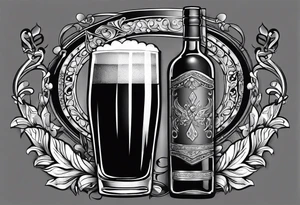 "Cheers Mate" black and grey ink armband, intricate, artistic +abstract +grey Cancer Ribbon +toasting bourbon glass tattoo idea