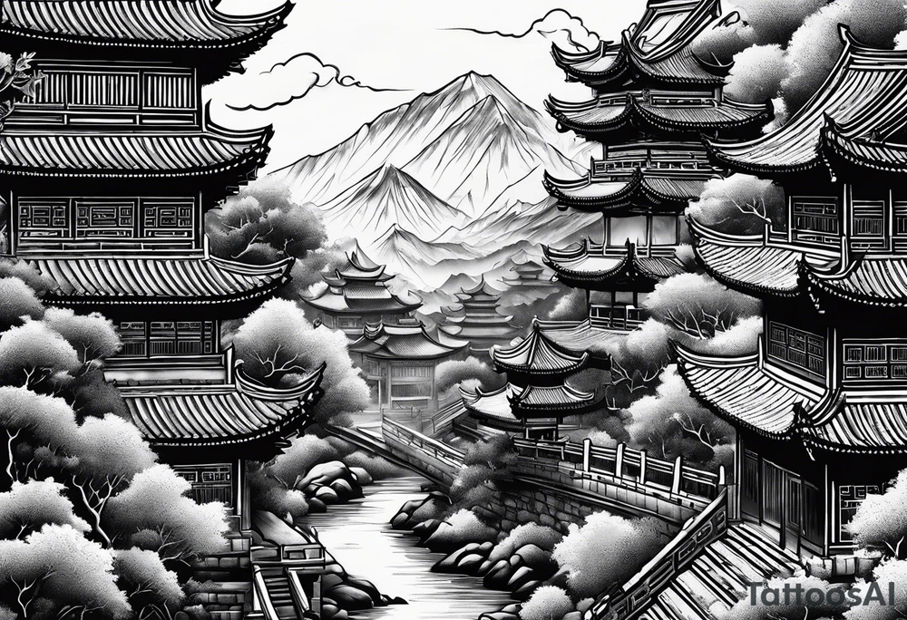Chinese wall, realistic art,old school, Chinese tattoo idea