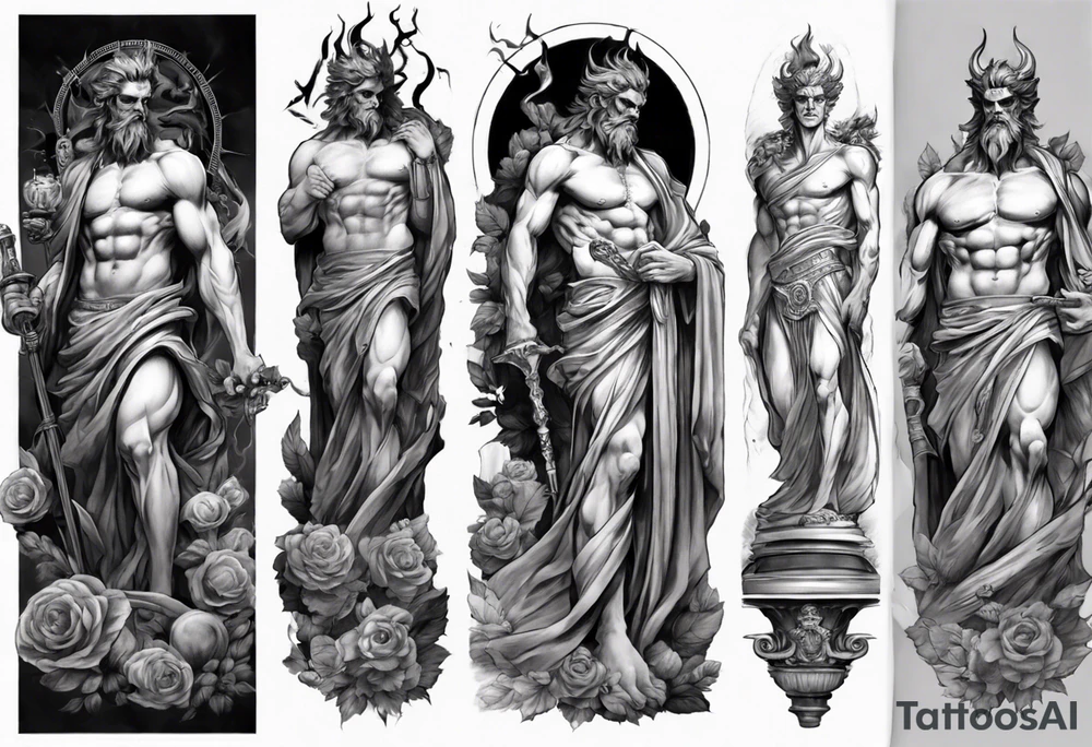 GREEK GOD hades STATUE
ARM SLEEVE 
REALISTIC tattoo idea