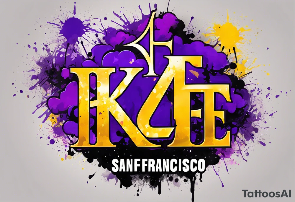 san Francisco 49er logo with team color splatter only behind this symbol  with an additional Kobe Bryant logo in purple and yellow with purple and gold paint splatter only behind Kobe logo with small portion of Kobe logo hidden underneath the San Francisco logo tattoo idea
