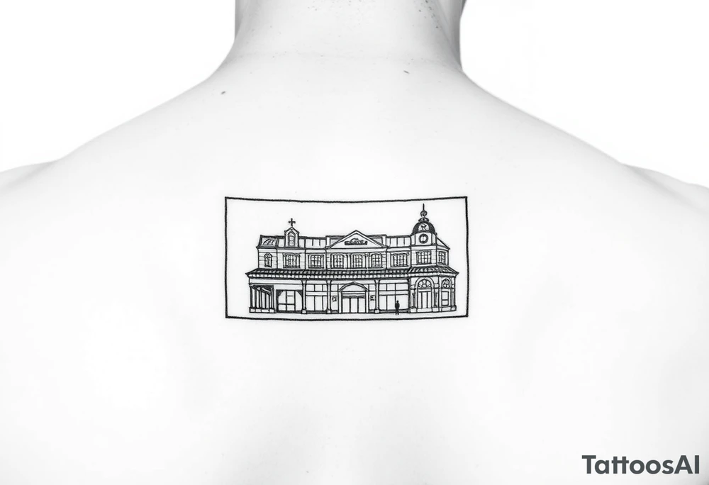 A Simple line drawing of flinders street station outlined in a portrait rectangle box on the bottom of the tricept above the elbow tattoo idea