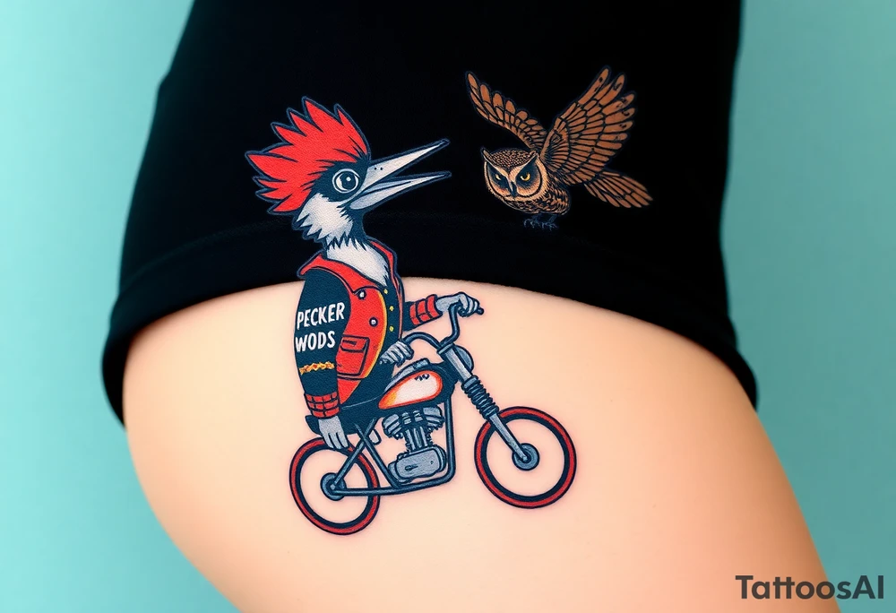 Woody the woodpecker wearing a leather vest that says peckerwoods, on a Harley Davidson under a palm tree, gazing in love at a barn owl tattoo idea