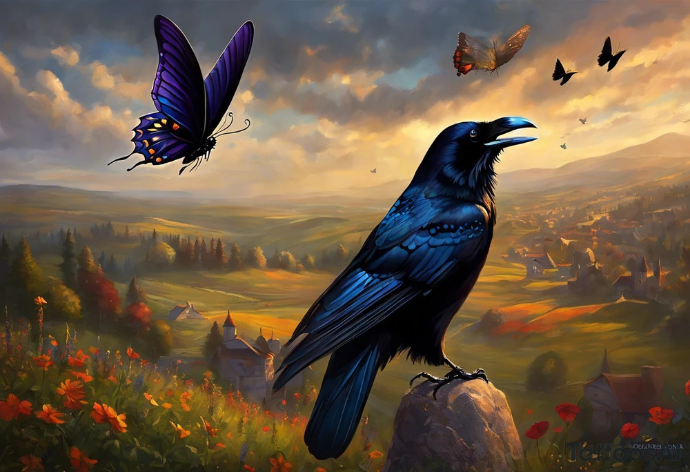 A butterfly flies towards the sky. Below the butterfly, a raven flies towards the sky. 
The butterfly and the raven are the same size
In the background is the name Malia.
In the background is the name SKF.
The number 89 can be seen in the background.
There is also a scorpion in the wing of the butterfly.
This tattoo is black and white and on the arm. tattoo idea