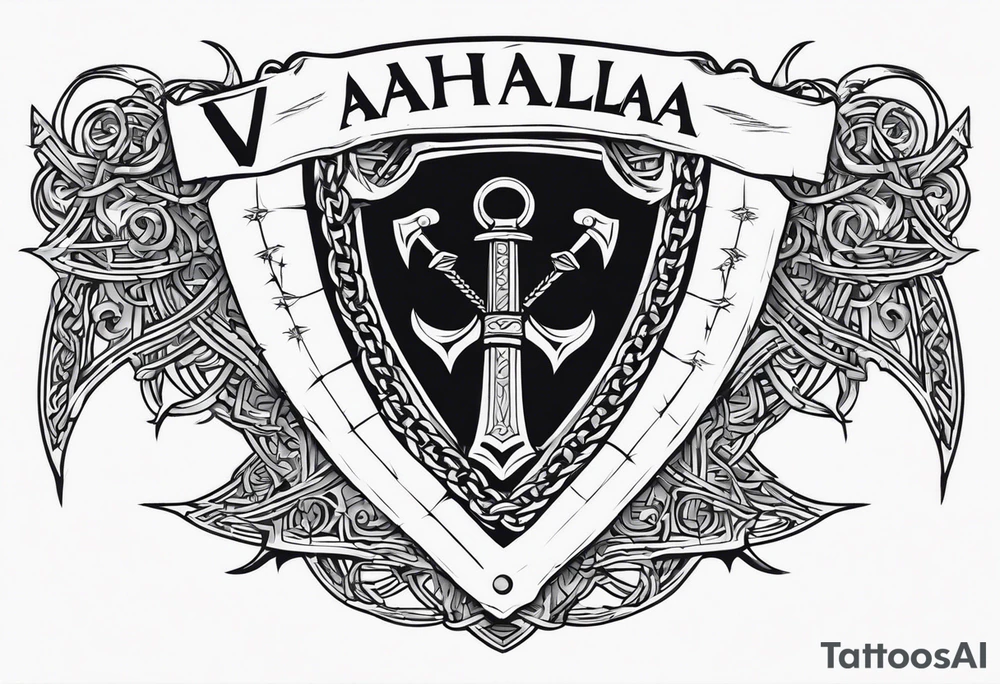 Valhalla sword shield axe barbed wire chains dark cloud tattoo idea