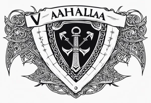 Valhalla sword shield axe barbed wire chains dark cloud tattoo idea