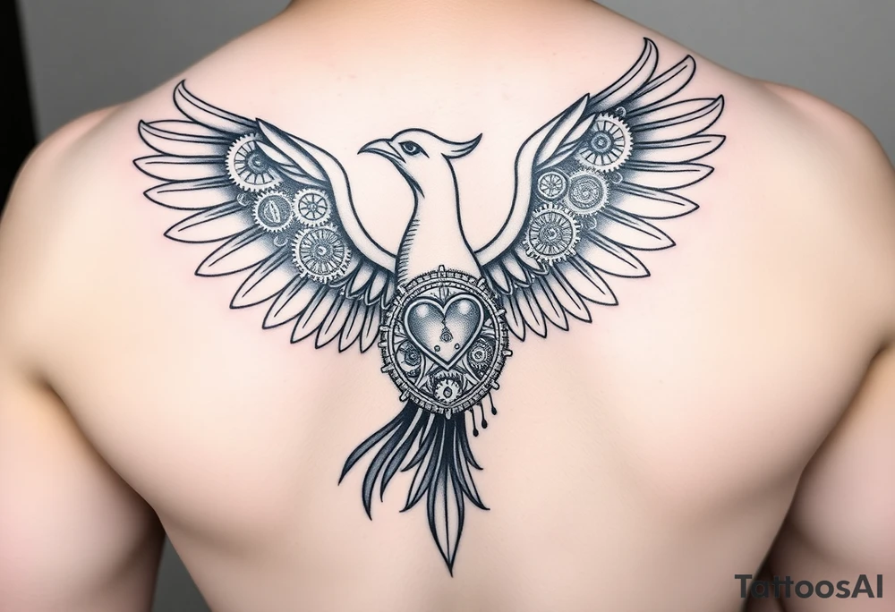 A stylized phoenix rising with feathers composed of intricate clock gears and mechanical parts. The chest reveals a glowing clockwork heart symbolizing emotional depth, love, and resilience amidst anxiety. The design combines fine line and dotwork detailing on the mechanical elements with bold, clean lines for the phoenix silhouette. Minimal shading emphasizes contrast and highlights the glowing heart. tattoo idea