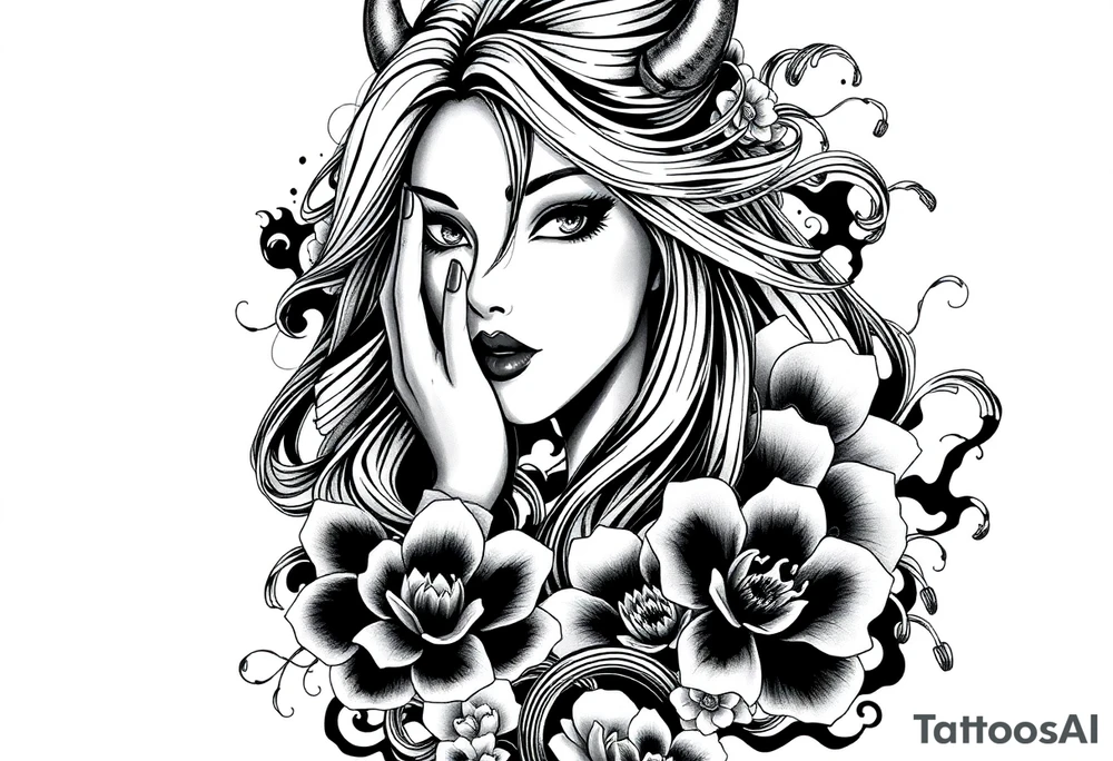 Prompt:

Full sleeve Japanese-inspired tattoo design featuring a beautiful female oni (demon woman) with an elegant, mysterious expression, one hand partially covering her face, long flowing hair integrated into swirling wind and wave patterns, large detailed chrysanthemums and peonies woven through the composition, dynamic negative space with bold black fills and smooth gradients, traditional Japanese cloud and water motifs, high-contrast black and grey with soft shading and sharp linework, balanced composition wrapping around the arm, modern neo-Japanese illustrative style.

Style tags:
– High contrast black and grey
– Neo-Japanese tattoo
– Traditional Japanese motifs
– Sleeve layout design
– Chrysanthemums, peonies, wind bars, waves
– Female oni portrait tattoo idea