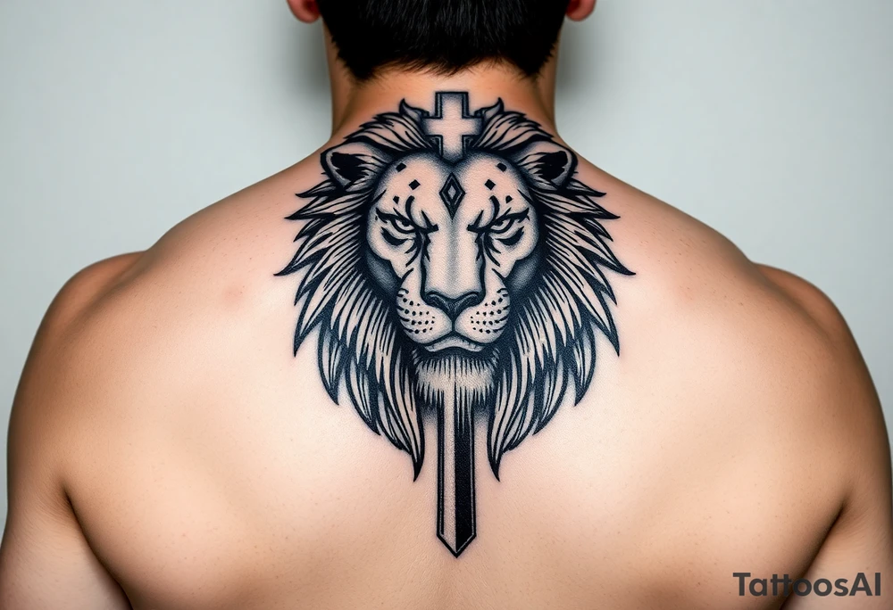 powerful majestic lion with a cross - biblically tattoo idea