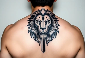 powerful majestic lion with a cross - biblically tattoo idea