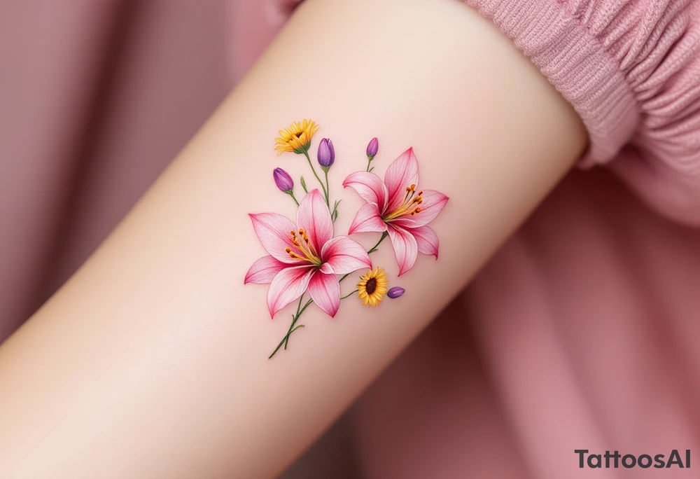 stargazer lillies in light pink with small yellow sunflowers and poppies and purple tulip buds in a dainty wildflower bouquet with stems tattoo idea