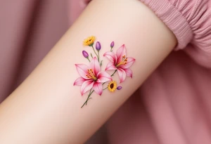 stargazer lillies in light pink with small yellow sunflowers and poppies and purple tulip buds in a dainty wildflower bouquet with stems tattoo idea