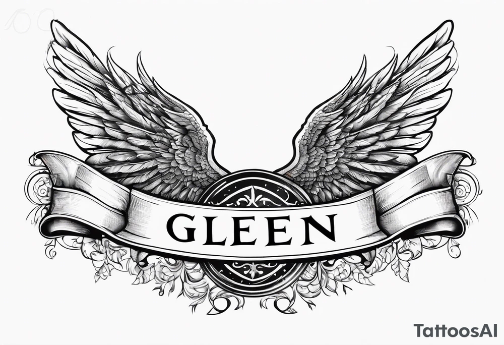 The word Glenn on a banner with angel Wings tattoo idea