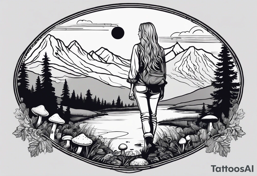 Whole picture encircled fully

Straight long blonde hair hippie girl in distance holding mushrooms in hand facing away toward mountains and creek surrounded by mushrooms long sleeve shirt and hiking pants; whole rendering within a full circle, no cut off circle tattoo idea