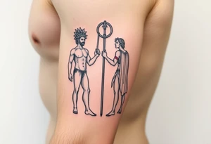 dionysos and apollo standing opposed to each other tattoo idea