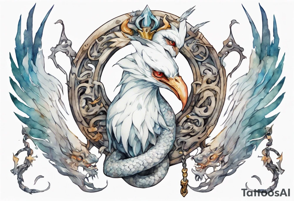 a white bird-serpent hybrid, holding an iron crown tattoo idea