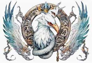 a white bird-serpent hybrid, holding an iron crown tattoo idea