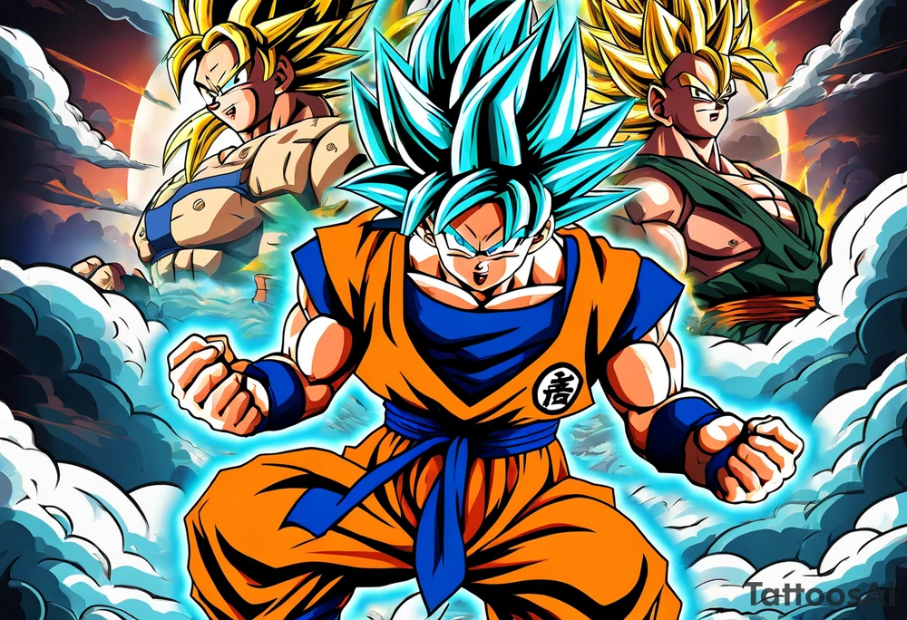 Son-Goku as a super saiyajin . A huge dragonball surrounds the whole scenery. Gokus friends are surrounding him as shadows tattoo idea