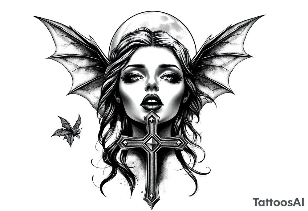 female vampire,bats,full moon,cross. tattoo idea