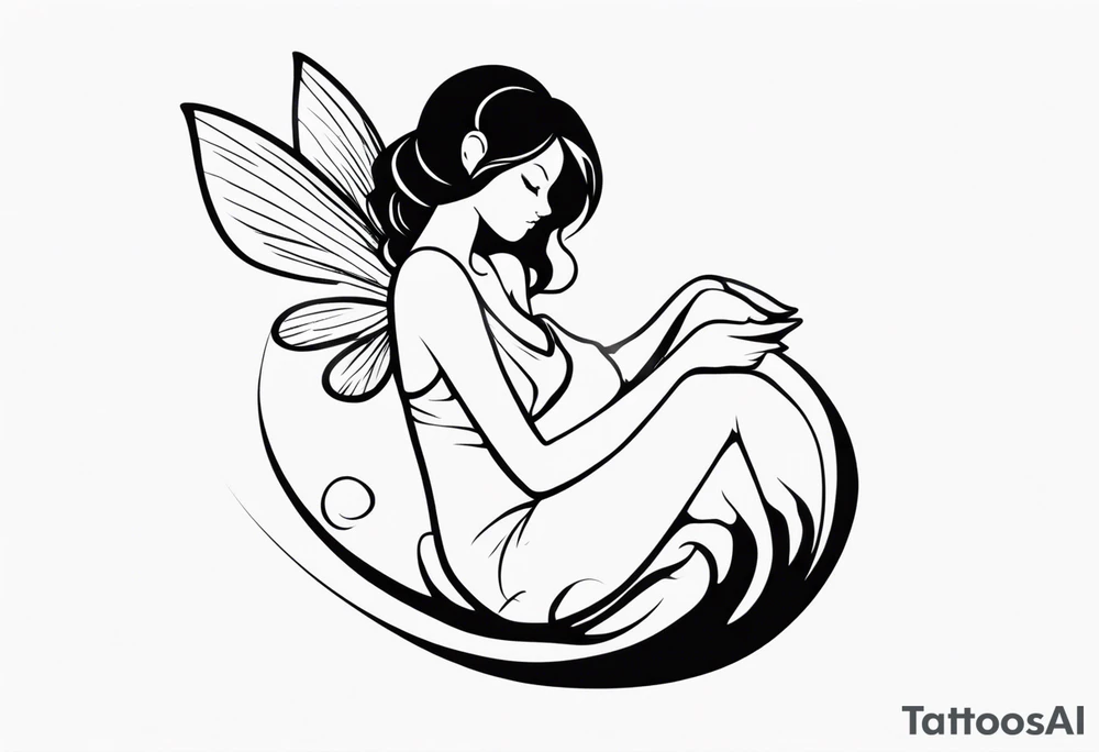 Minimalistic, monochromatic fairy with a tail flying to the left in a fetal position, leaning and looking in the same direction, with visible hands, embodying the 'Fairy Tail' logo aesthetic. tattoo idea