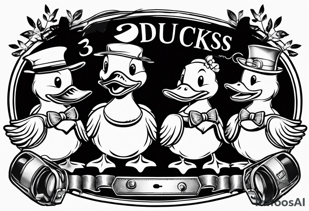 3 ducks in a row

The ducks are rubber duck, cartoonish 

1st duck is holding a roll of paper under its wing

2nd duck is wearing a radio headset 

3rd duck is holding a screwdriver in its bill tattoo idea