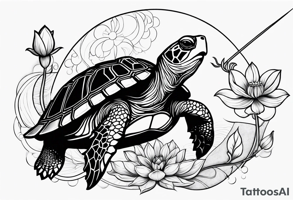 Turtle with lotus flower, moon and an arrow tattoo idea