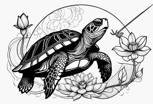 Turtle with lotus flower, moon and an arrow tattoo idea