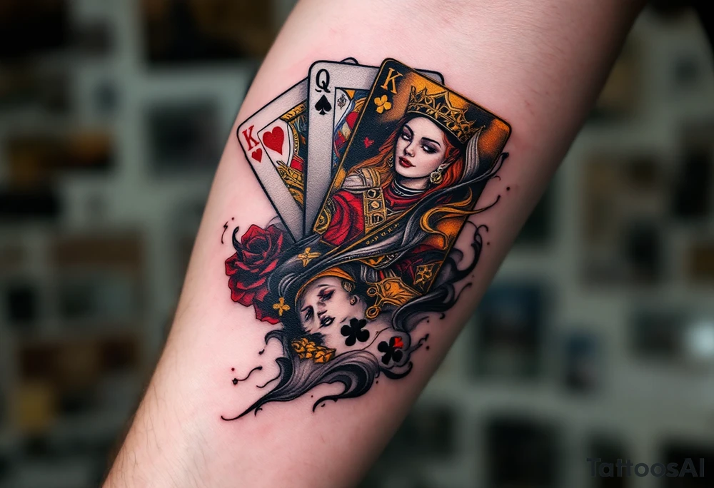 A playing cards tattoo showing the ace of spades, queen of hearts, and king of clubs fanned out in rich black, deep red, and golden-yellow ink, with realistic card textures, subtle shadowing, and faint smoky wisps curling around the edges for a dramatic, high-stakes vibe. tattoo idea