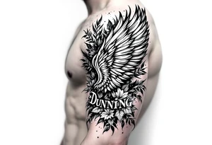 Dunning, Details include on left arm, name in white color,angel wing, wet jungle leaves,cool font, galaxy background filling, tattoo idea