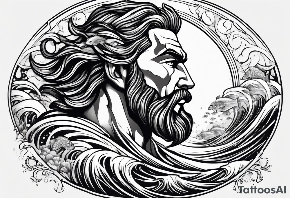 Poseidon with waves and fish tattoo idea