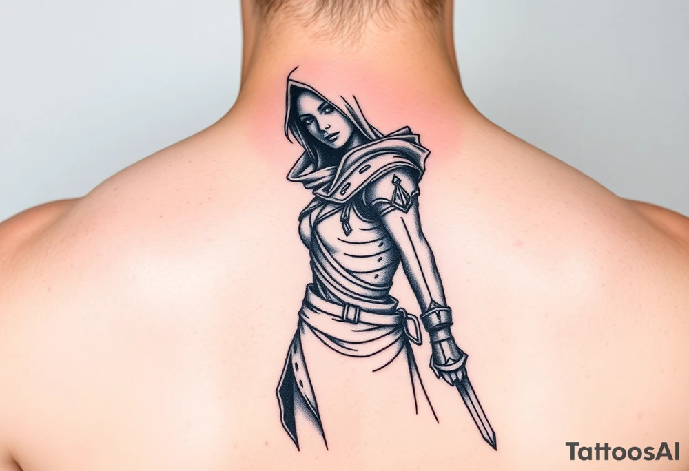 Assassin girl, standing from side with one raised hand tattoo idea