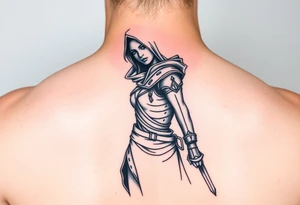 Assassin girl, standing from side with one raised hand tattoo idea